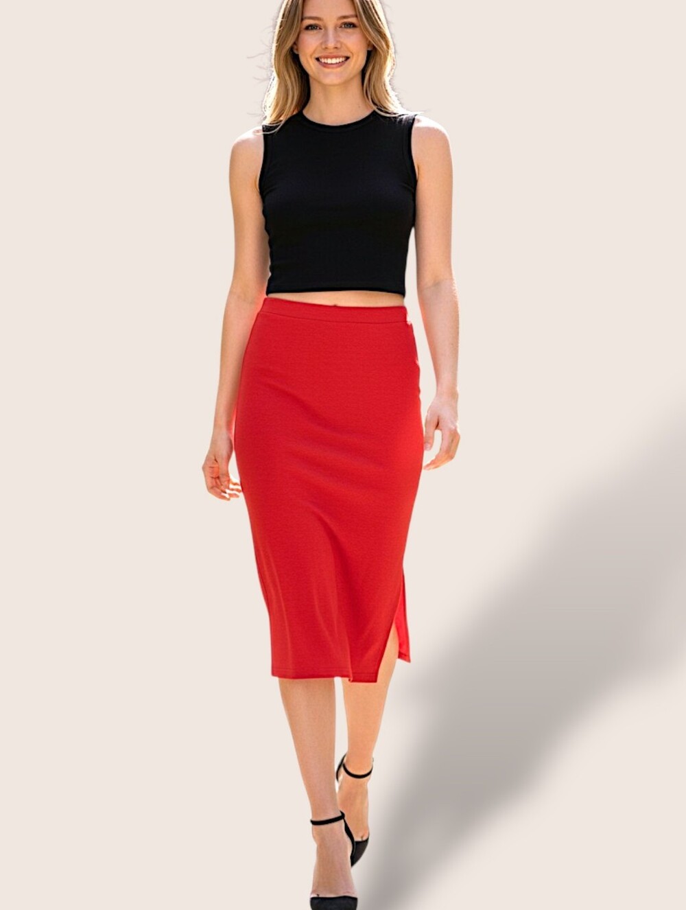 👠Forever 21 Red Pull-on Midi Skirt with Side Slit - Picture 2 of 9
